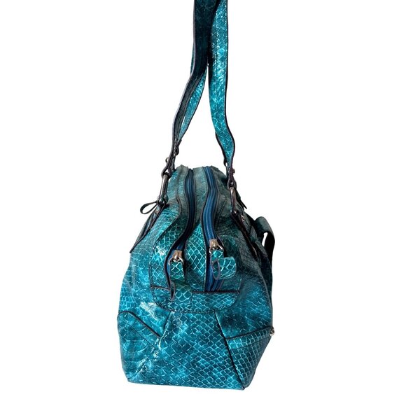Teal Faux Snake Skin Handbag With Polished Silver Hardware & Dual Top Handles - Picture 5 of 12